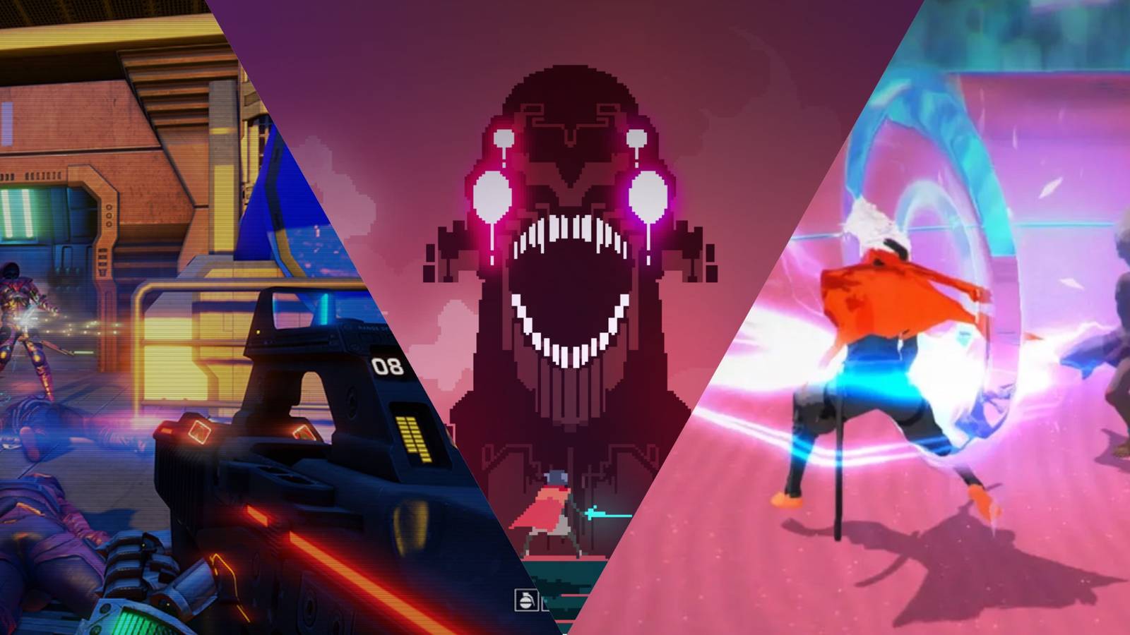 Best synthwave games L to R: Far Cry 3 Blood Dragon, Hyperlight Drifter, Furi