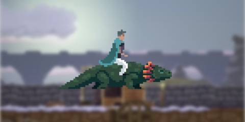 Kingdom Two Crowns - A man mounting a lizard on a background of blurred gameplay footage.