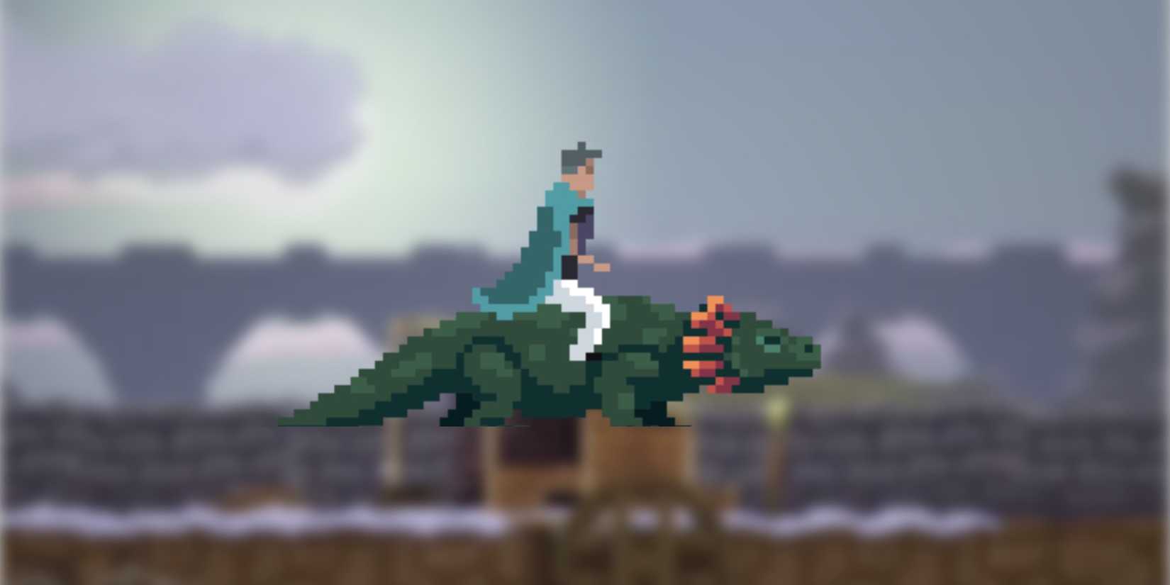 Kingdom Two Crowns - A man mounting a lizard on a background of blurred gameplay footage.