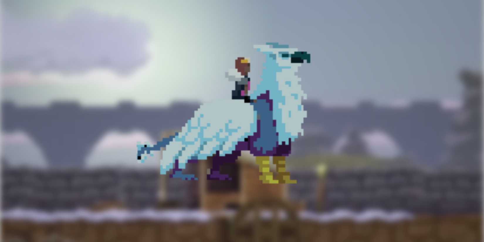 Kingdom Two Crowns - A man mounted on a white griffin on a blurred gameplay scene.