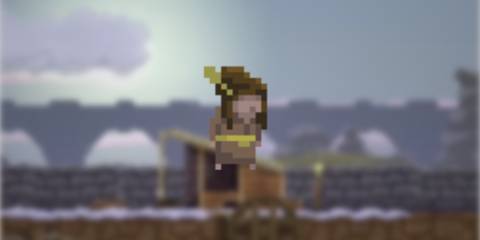 Kingdom Two Crowns - A pixelated form of a man in brown cloak and hat on a field of blurred gameplay footage.