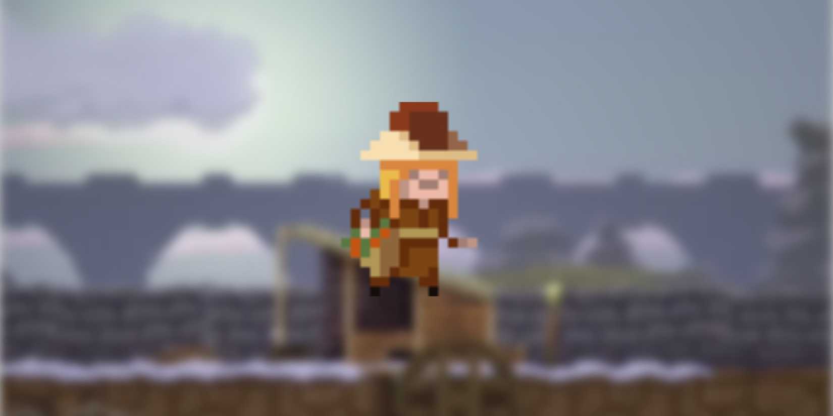 Kingdom Two Crowns - A pixelated figure of a man wearing brown robes with blond hair on a field of blurred gameplay footage.