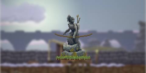 Kingdom Two Crowns - Stone statue of an archer on a background of blurred gameplay footage.