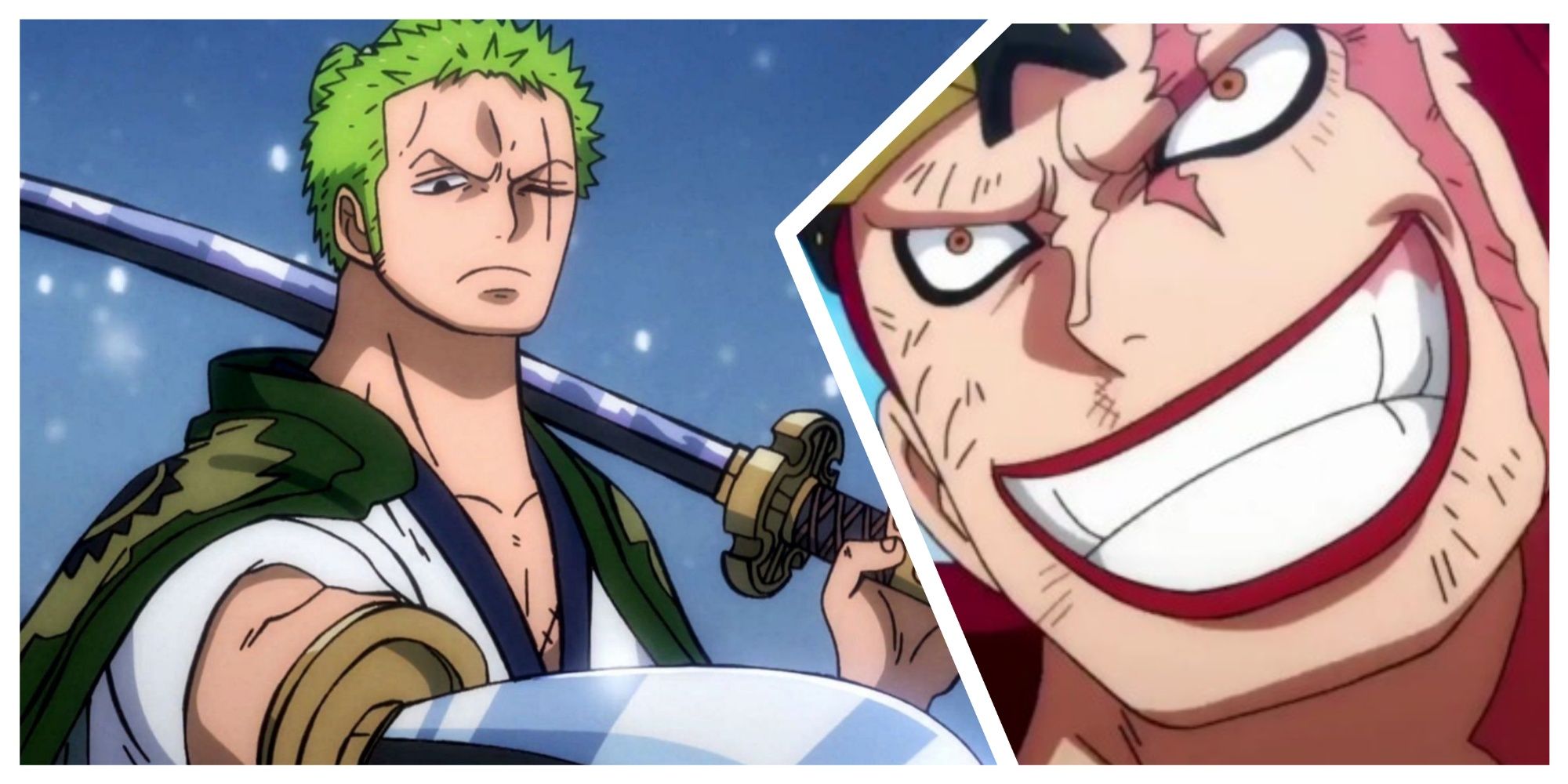 Roronoa Zoro in the snow with two katanas; Eustass kid giving a big toothy grin