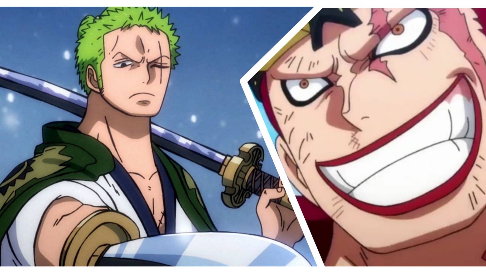Roronoa Zoro in the snow with two katanas; Eustass kid giving a big toothy grin