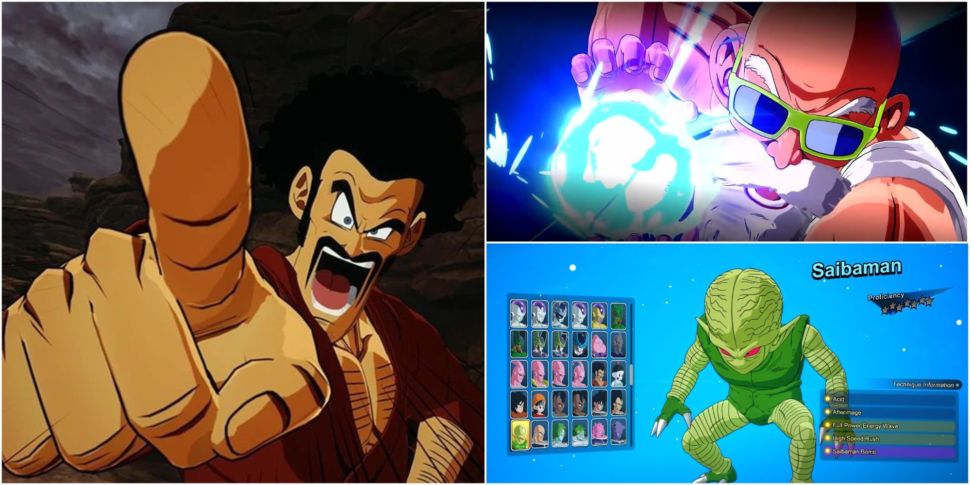 A collage of screenshots from Sparking Zero showing Mr Satan, Master Roshi, and Saibaman