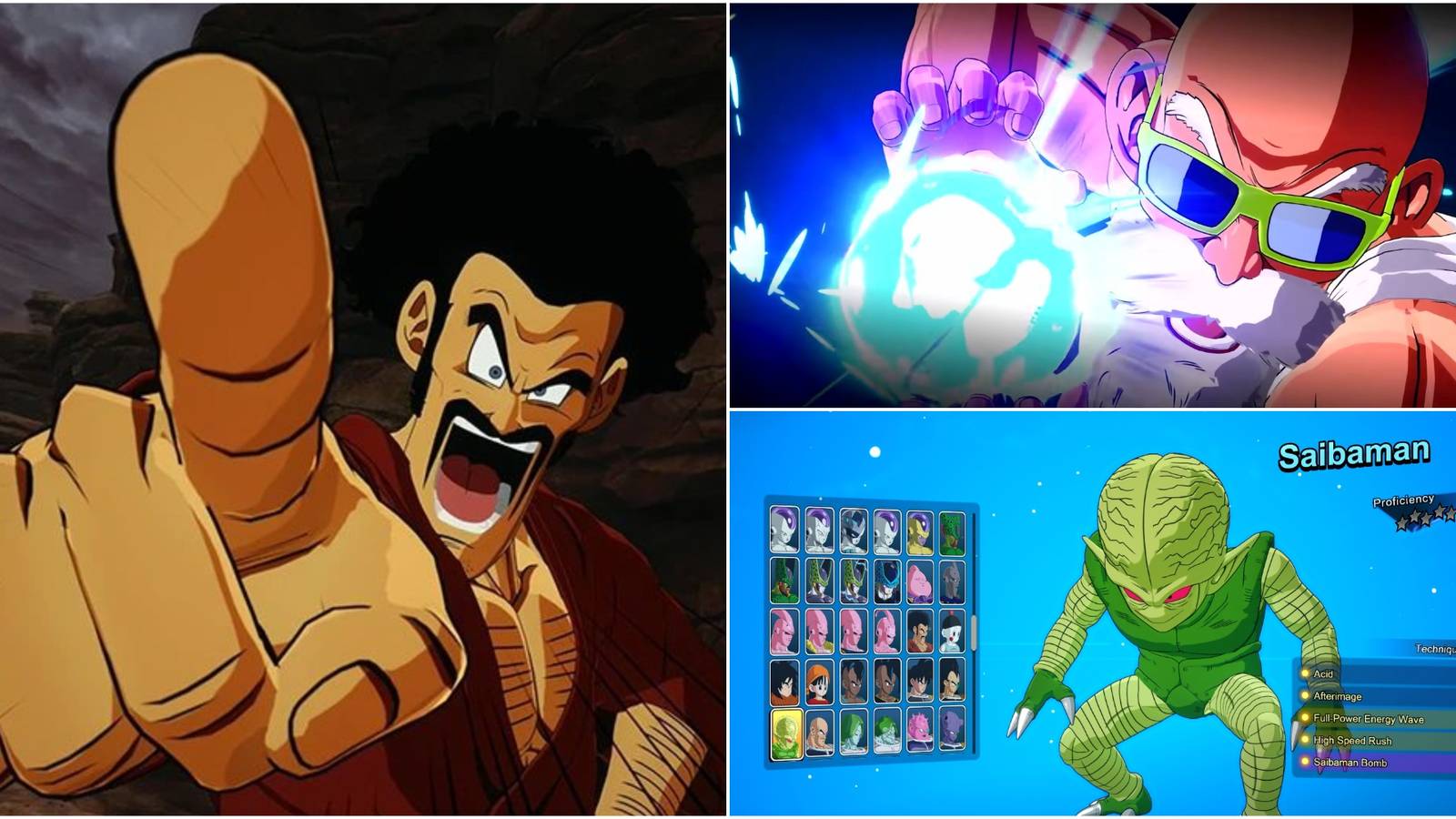 A collage of screenshots from Sparking Zero showing Mr Satan, Master Roshi, and Saibaman