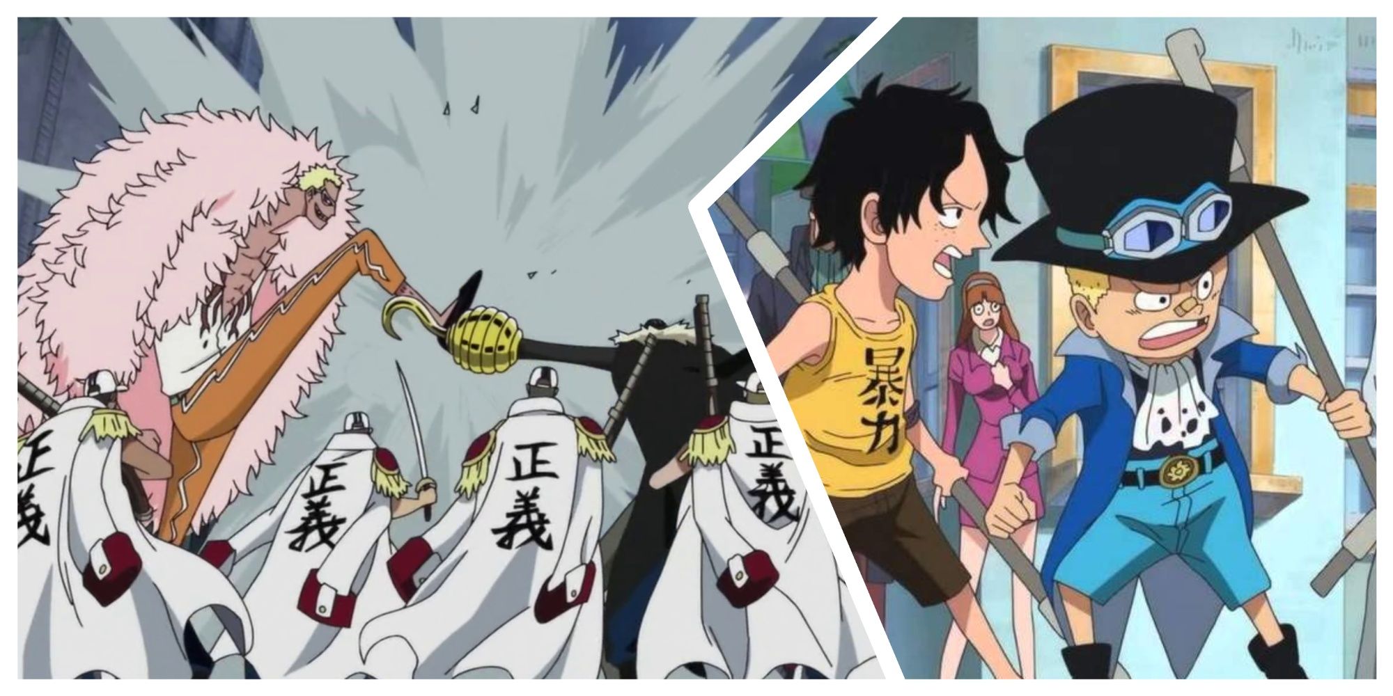 Doflamingo and Crocodile dueling; Ace and Sabo looking frustrated as children, these pairs of characters serve similar roles in the story