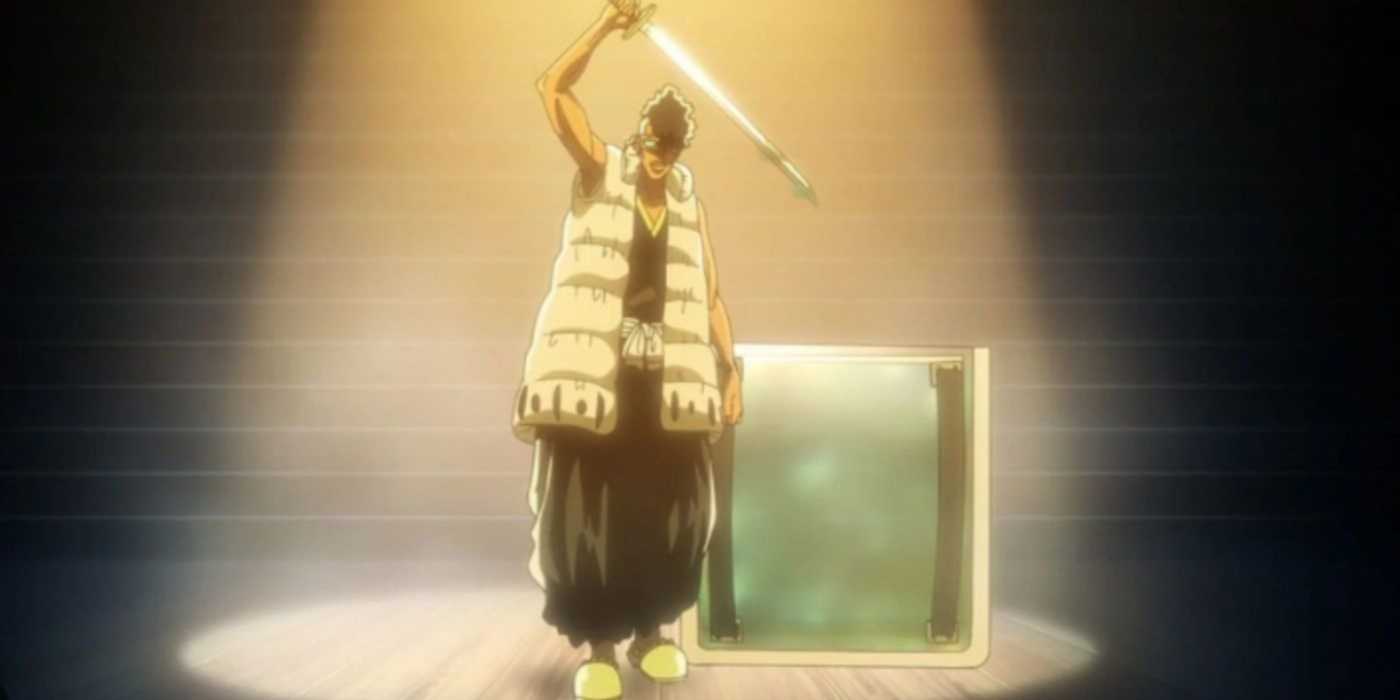 Oetsu Nimaiya removes Sayafushi from its special container in Bleach: The Thousand-Year Blood War.