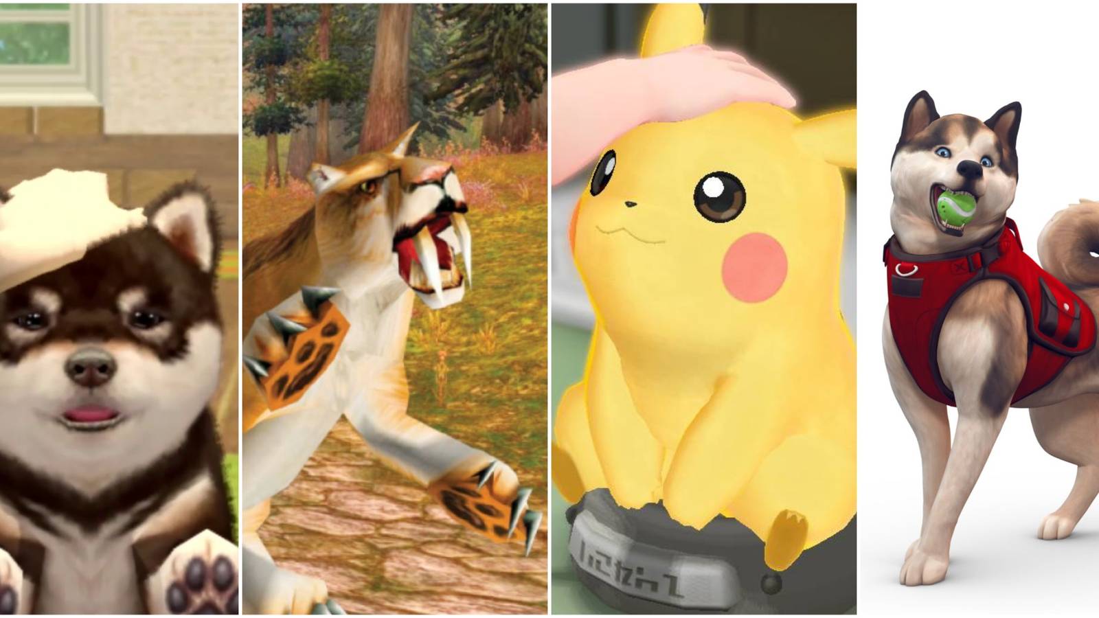 A collage of images of trainable pets in games, including a puppy from Nintendogs, a big cat from World of Warcraft, Pikachu from Pokemon and a dog from The Sims 4