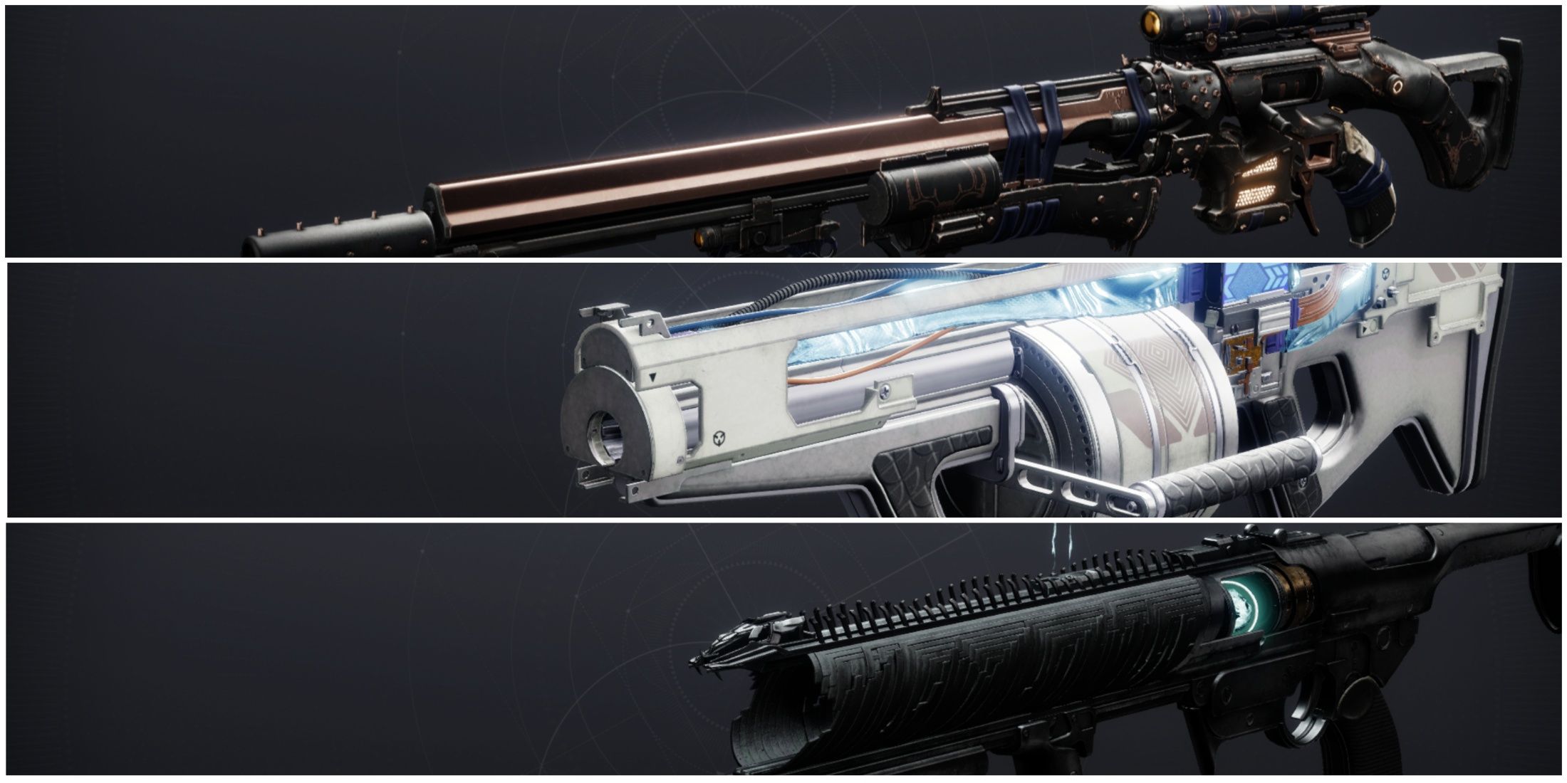 A split image showing three weapons from Destiny 2, Witherhoard, VS Chill Inhibitor and Still Hunt