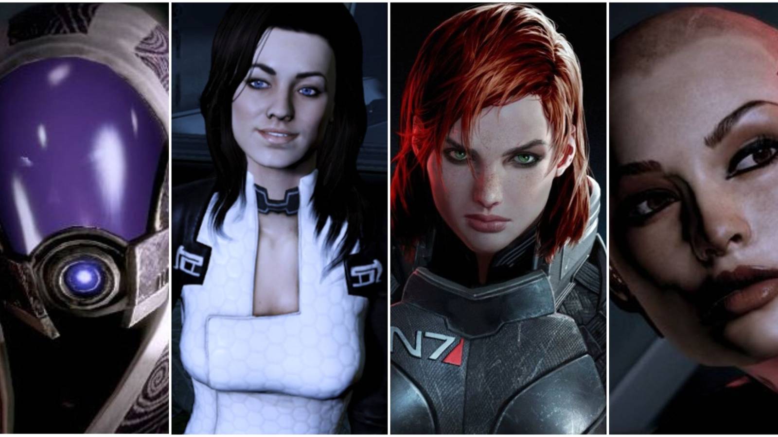 A collage of images of Tali, Miranda, FemShep and Jack from the Mass Effect series