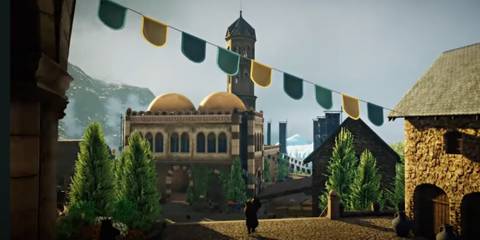 European buildings with a large decorated hall in the distance