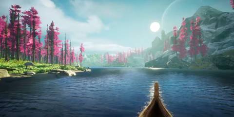 A boat on a serene lake surrounded by pink trees