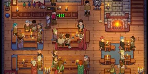 A cozy scene within a tavern, customers are sat together at tables.