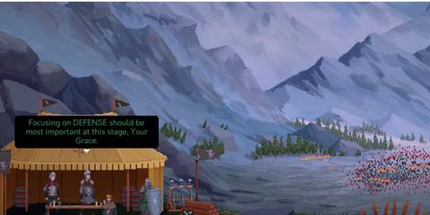 a beautiful mountain vista flanked by soldiers in a tent