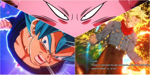 A collage of screenshots from Sparking Zero, showing Goku, Majin Buu, and Trunks