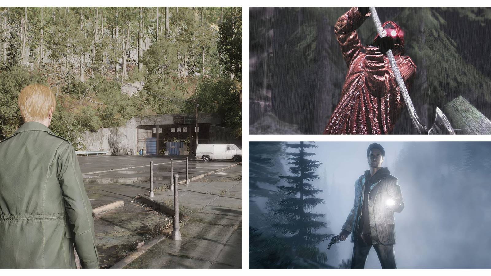 Left: A parking lot bordered by forests in Silent Hill 2 (2024). Top-Right: The Raincoat killer, with a red raincoat, glowing red eyes, and an axe from Deadly Premonition. Bottom-right: Alan Wake shining a flashlight in a dark forest in Alan Wake.