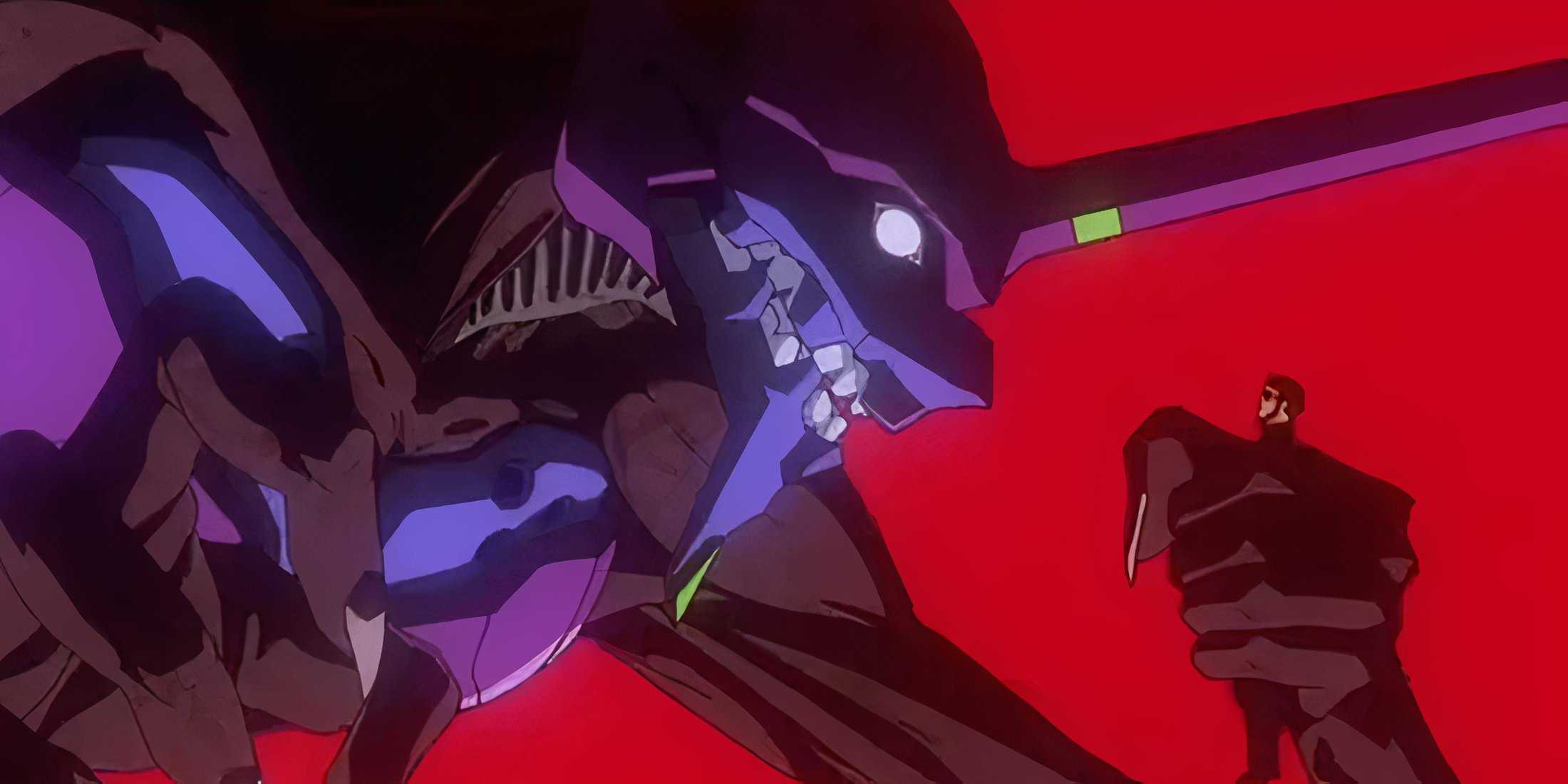 Eva Unit 01 grabbing a human in Neon Genesis Evangelion