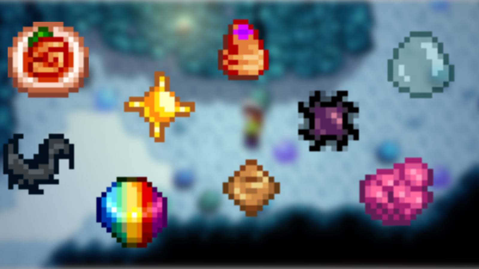 Blurred gameplay footage before images of loot items