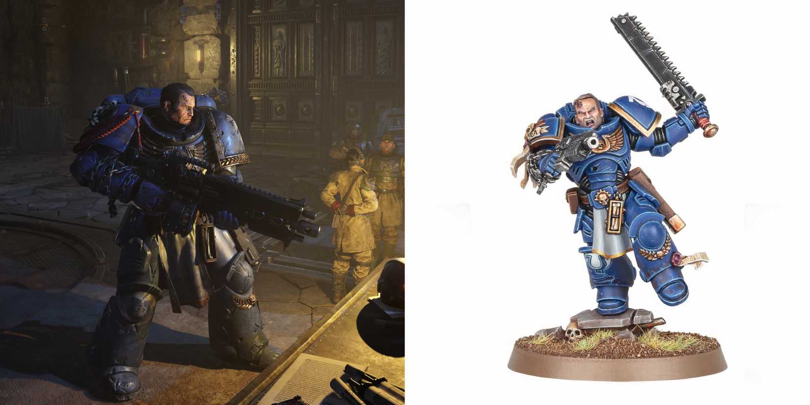Warhammer 40k: 10 Great Miniatures Featured in Space Marine 2 Titus checking in with the captain, model of lieutenant titus