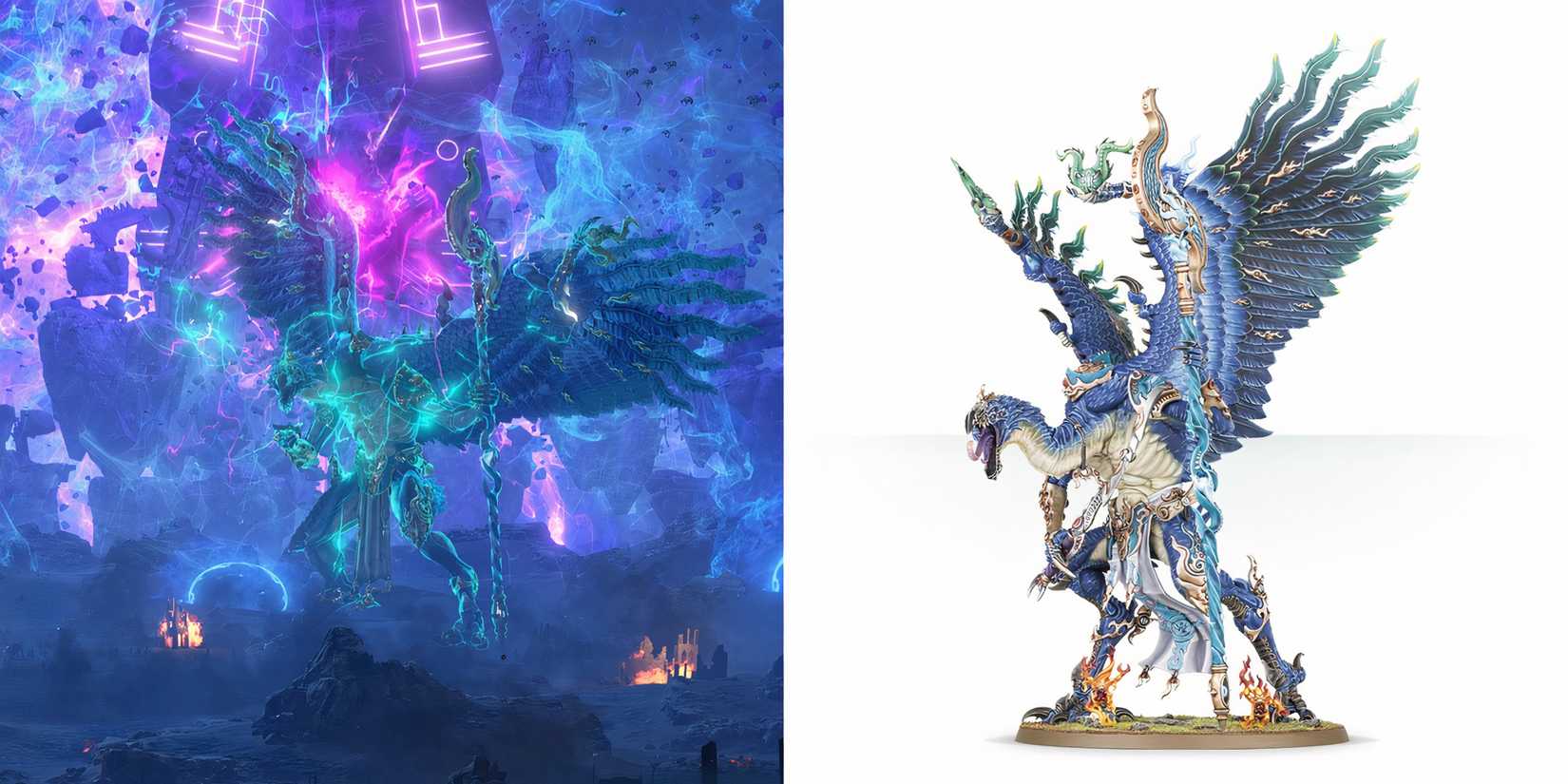 Warhammer 40k: 10 Great Miniatures Featured in Space Marine 2 A Lord of Change appearing from the warp and a model of a lord of change