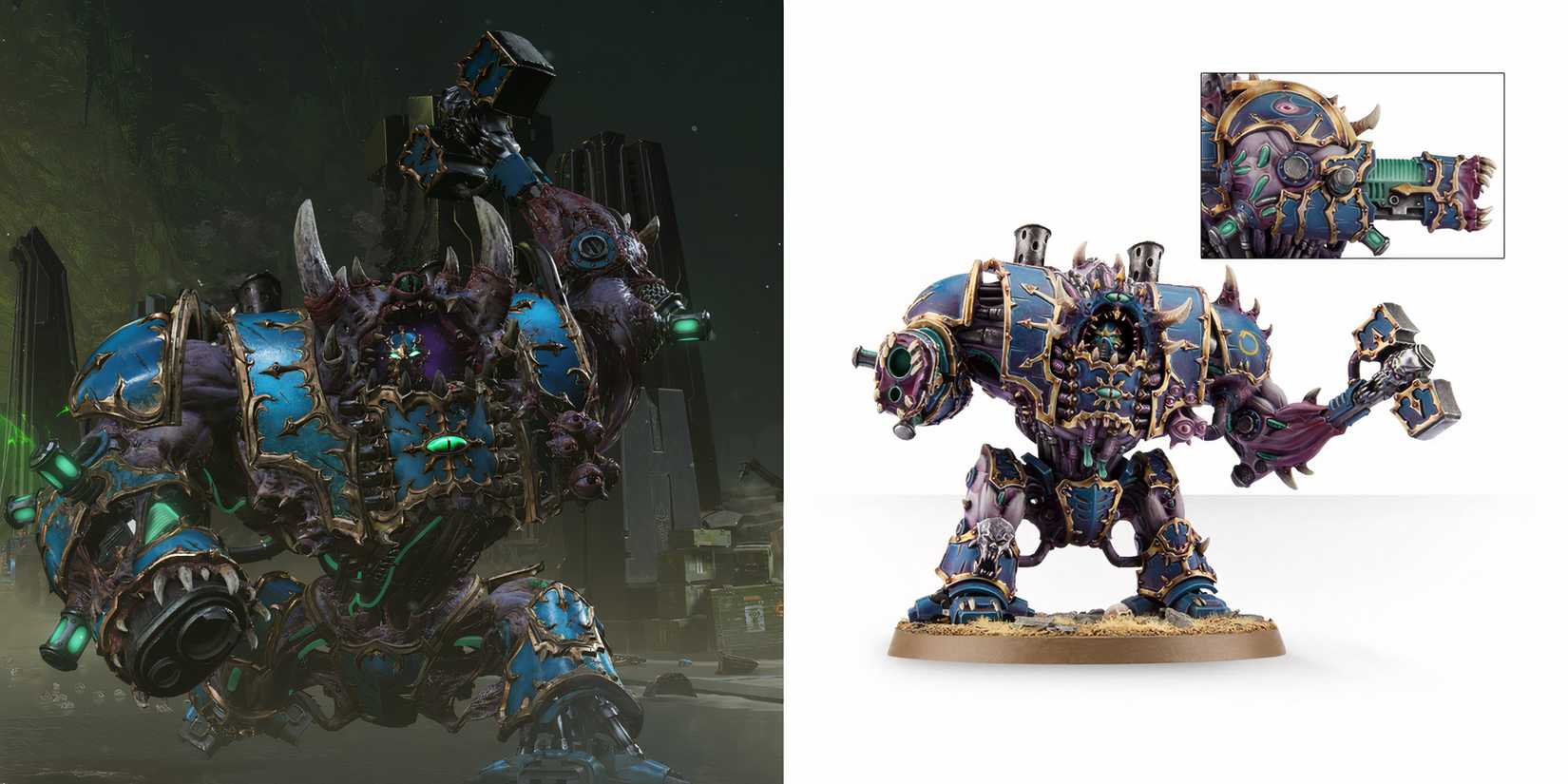 Warhammer 40k: 10 Great Miniatures Featured in Space Marine 2 Helbrute attacking with hammer and a model of thousand sons helbrute