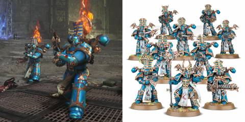 Warhammer 40k: 10 Great Miniatures Featured in Space Marine 2 Rubric marines shooting fire and a unit of rubric marines models
