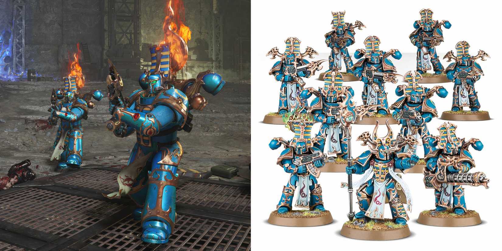 Warhammer 40k: 10 Great Miniatures Featured in Space Marine 2 Rubric marines shooting fire and a unit of rubric marines models