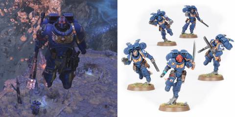Warhammer 40k: 10 Great Miniatures Featured in Space Marine 2 Titus jumping with a power hammer and a unit of Jump Pack Intercessers
