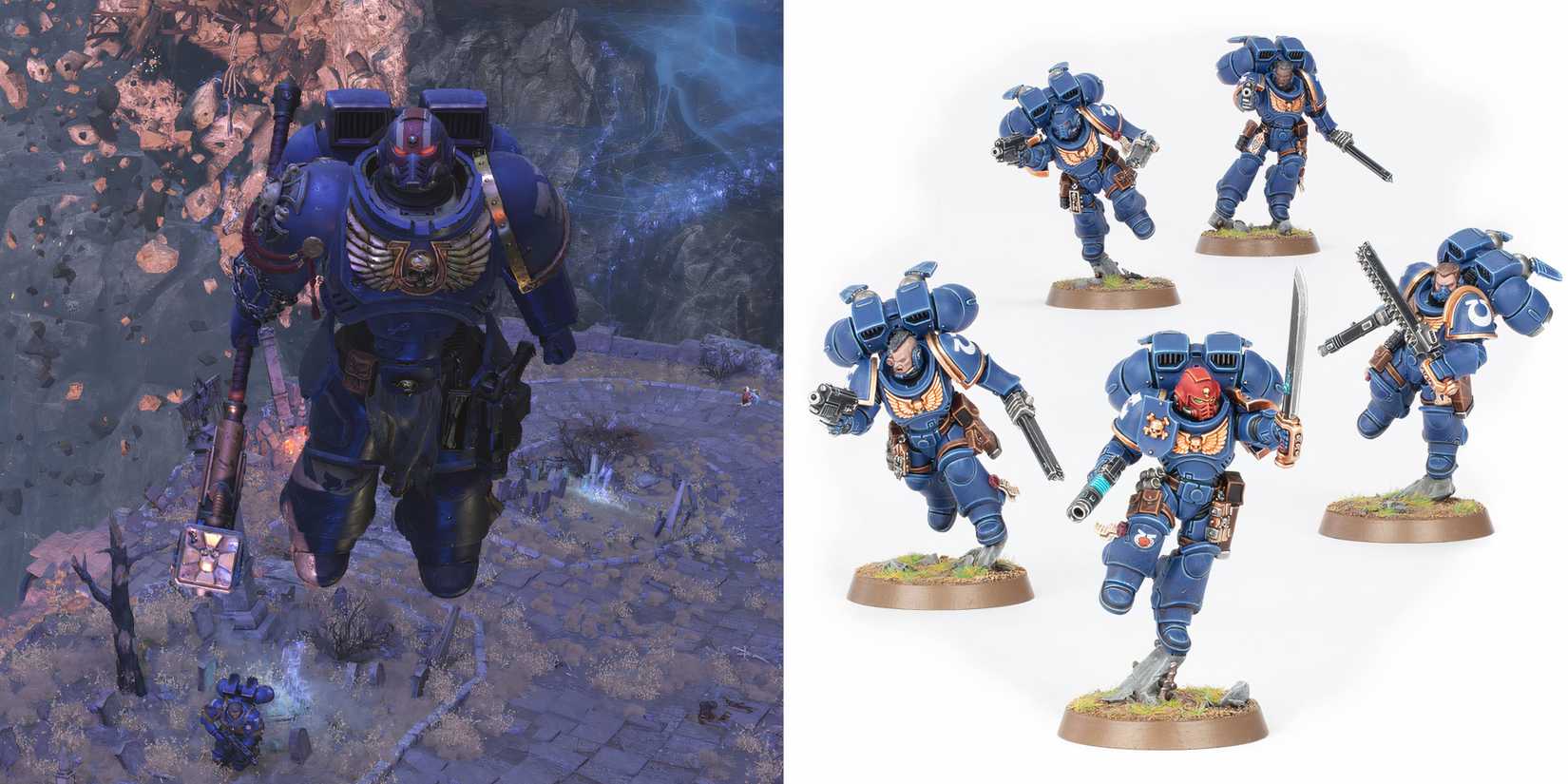 Warhammer 40k: 10 Great Miniatures Featured in Space Marine 2 Titus jumping with a power hammer and a unit of Jump Pack Intercessers