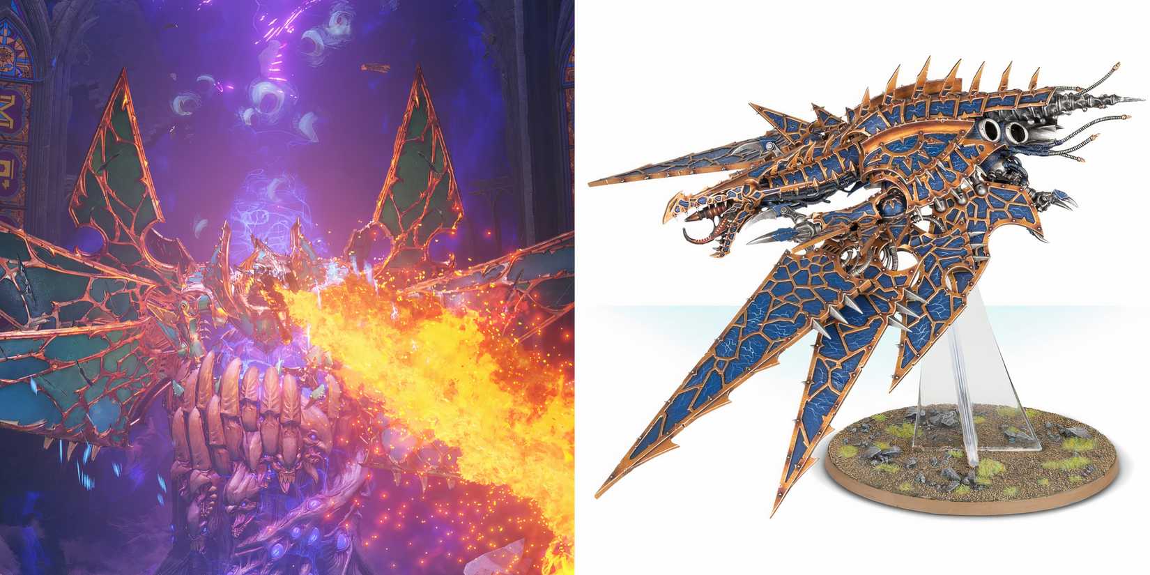 Warhammer 40k: 10 Great Miniatures Featured in Space Marine 2 Heldrake breathing fire during boss fight and a model of a thousand sons heldrake