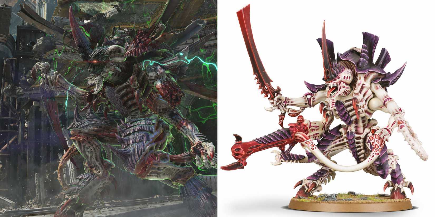 Warhammer 40k: 10 Great Miniatures Featured in Space Marine 2 Hive Tyrant dealing a psychic attack and a model of hive tyrant