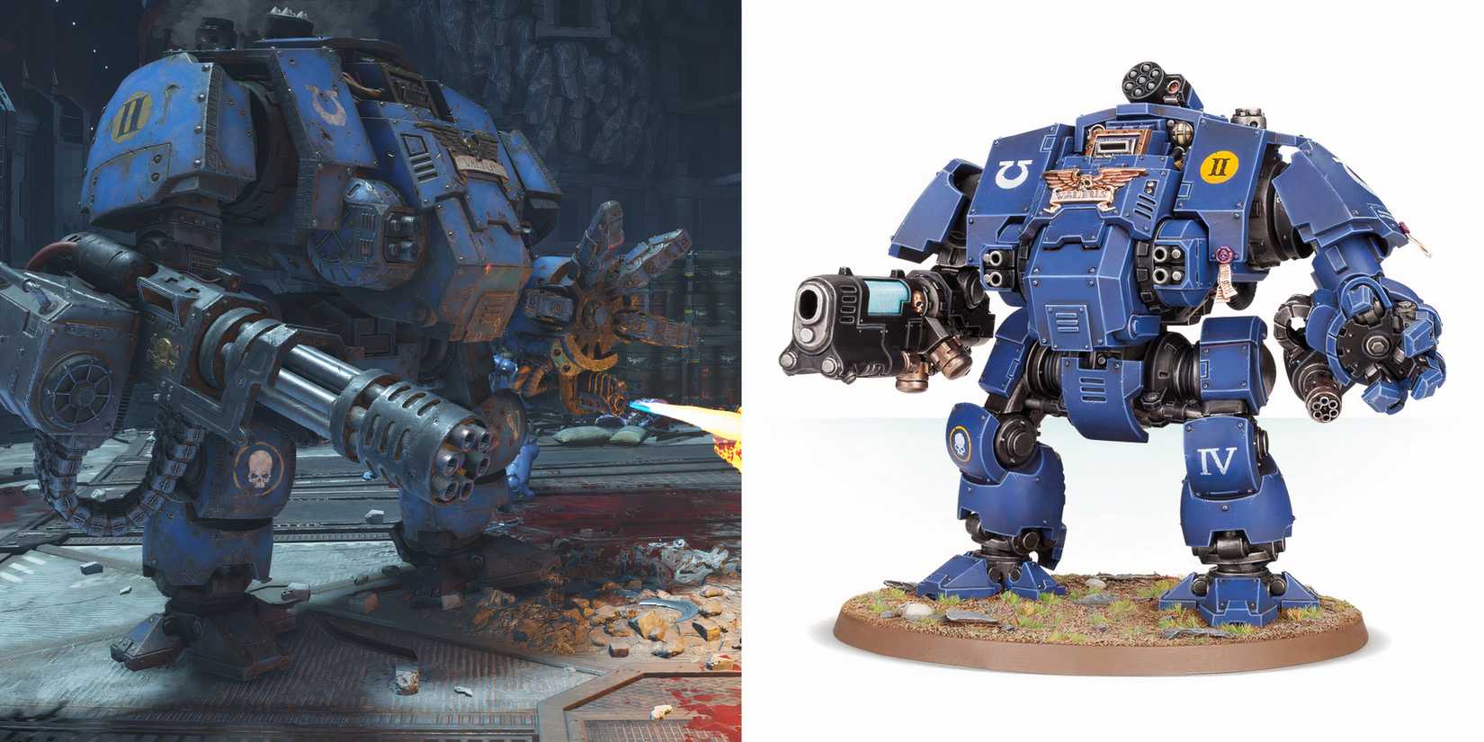 Warhammer 40k: 10 Great Miniatures Featured in Space Marine 2 Dreadnought firing its flamer and a model of a redemptor dreadnought