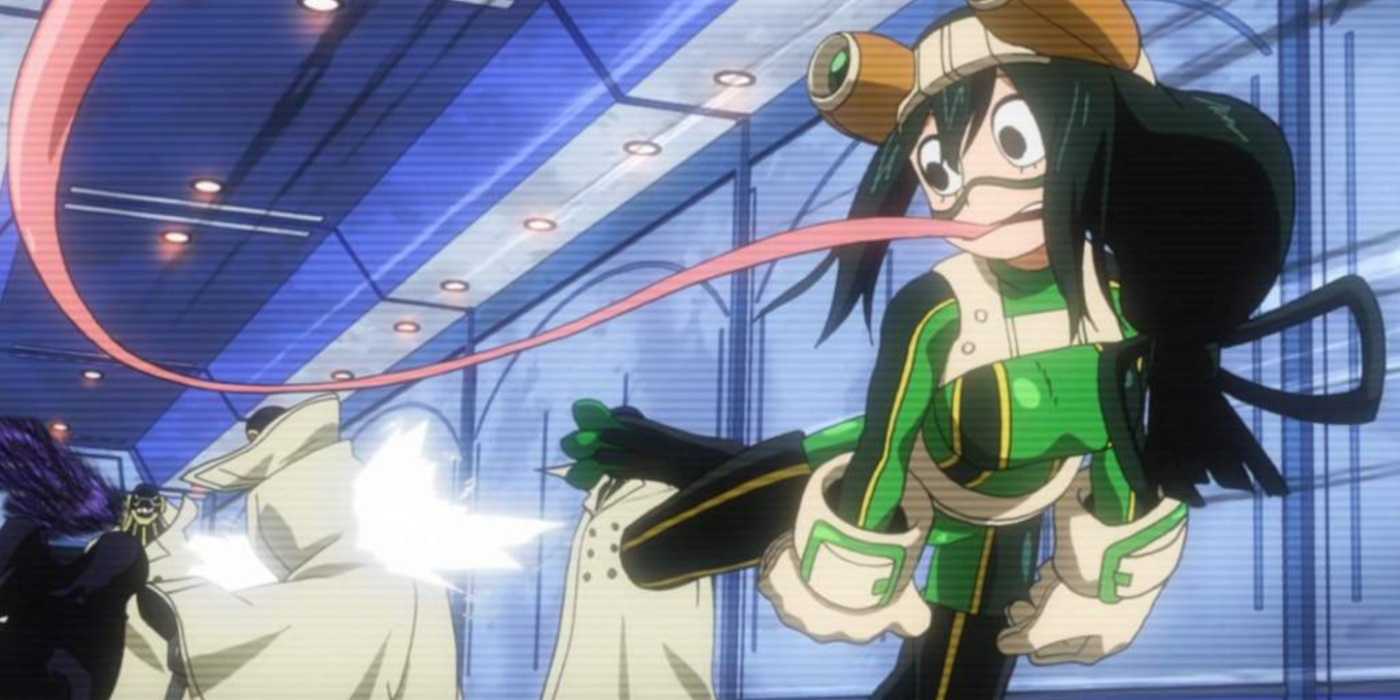 Tsuyu uses a tongue attack to strike multiple Ectoplasm clones in My Hero Academia.