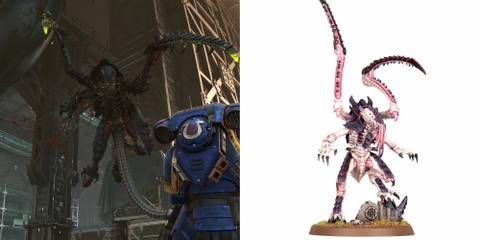 Warhammer 40k: 10 Great Miniatures Featured in Space Marine 2 A lictor pouncing on a space marine and a model of a lictor