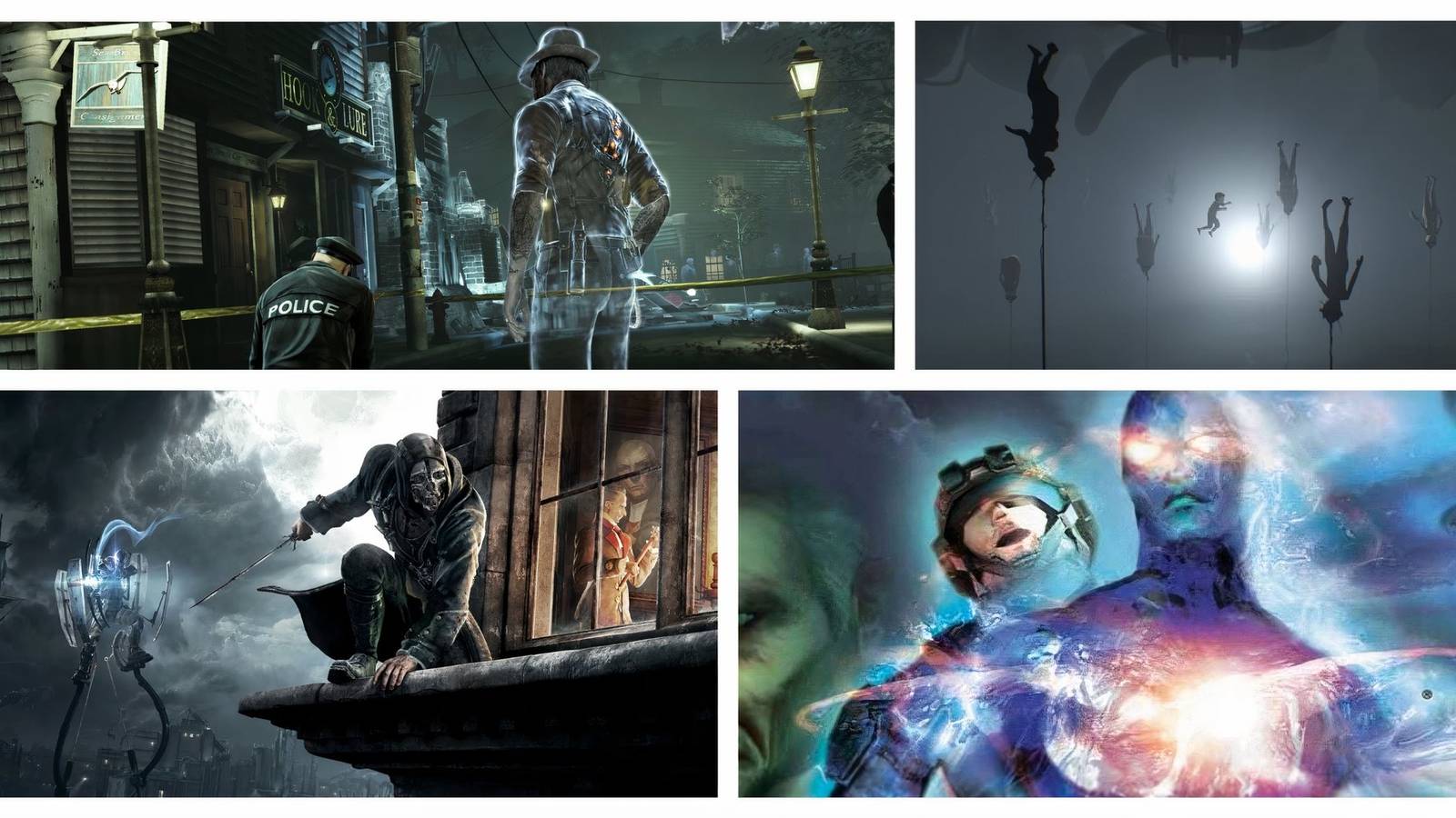 Top-Right: A detective's ghost looking down at a police crime scene in Murdered: Soul Suspect. Top-Right: A boy floating in water, surrounded by buoyant bodies anchored by apparatuses attached to their heads in Inside. Bottom-left:Corvo perched on a window ledge in Dishonored. Bottom-right: Raimi's ghost separating from a body in Geist.
