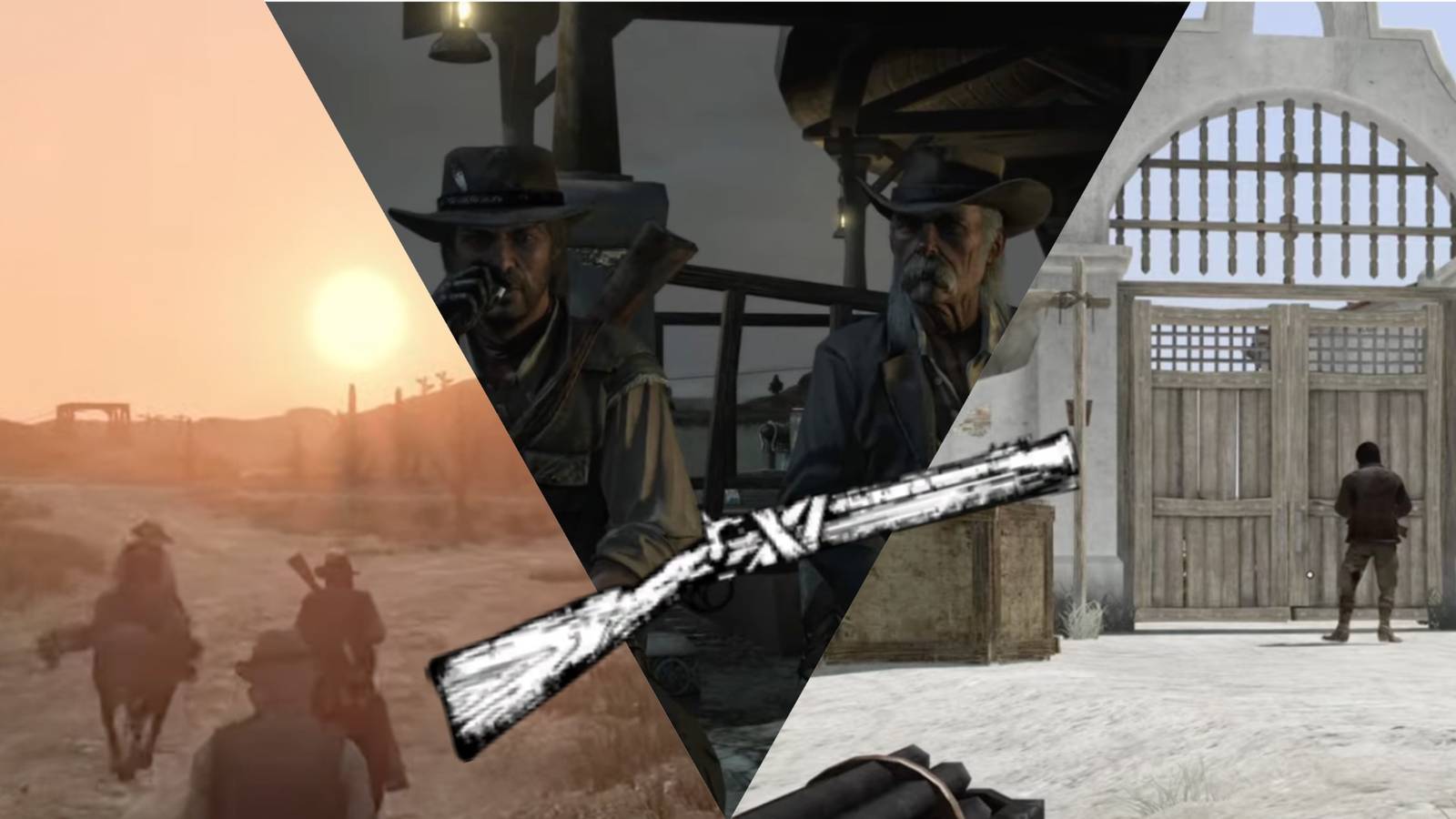 Mixed gameplay shots with a shotgun imposed on top