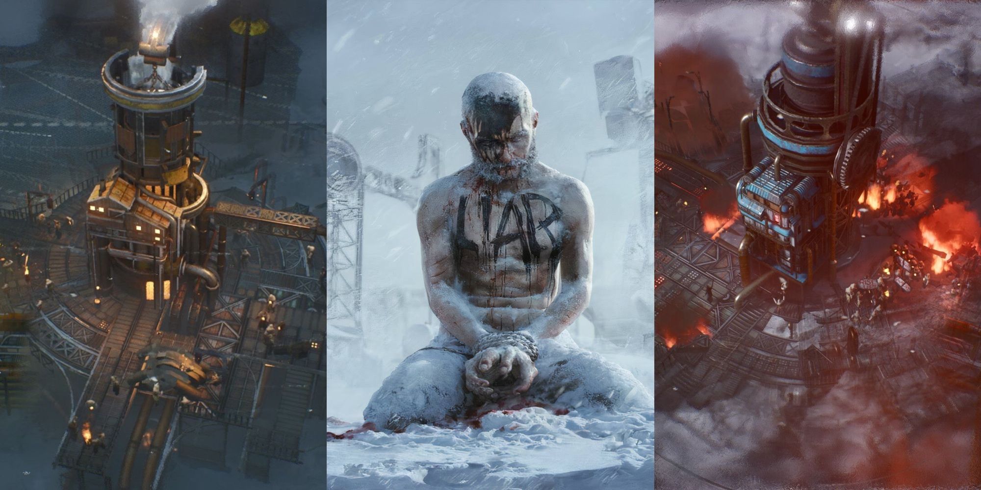 A collage of two Frostpunk 2 buildings and the man with 