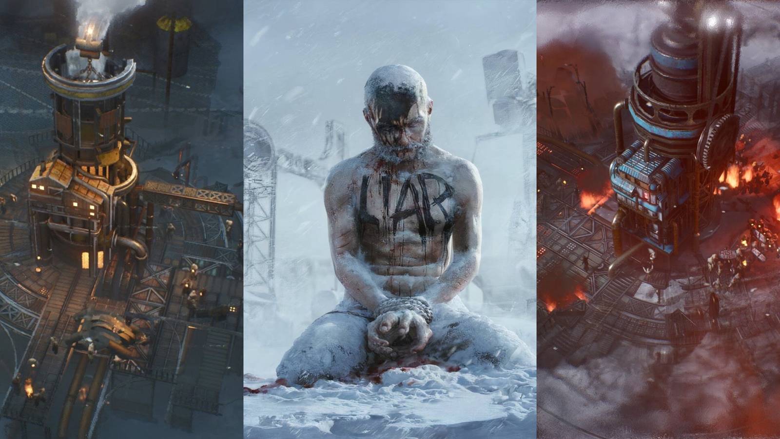 A collage of two Frostpunk 2 buildings and the man with 