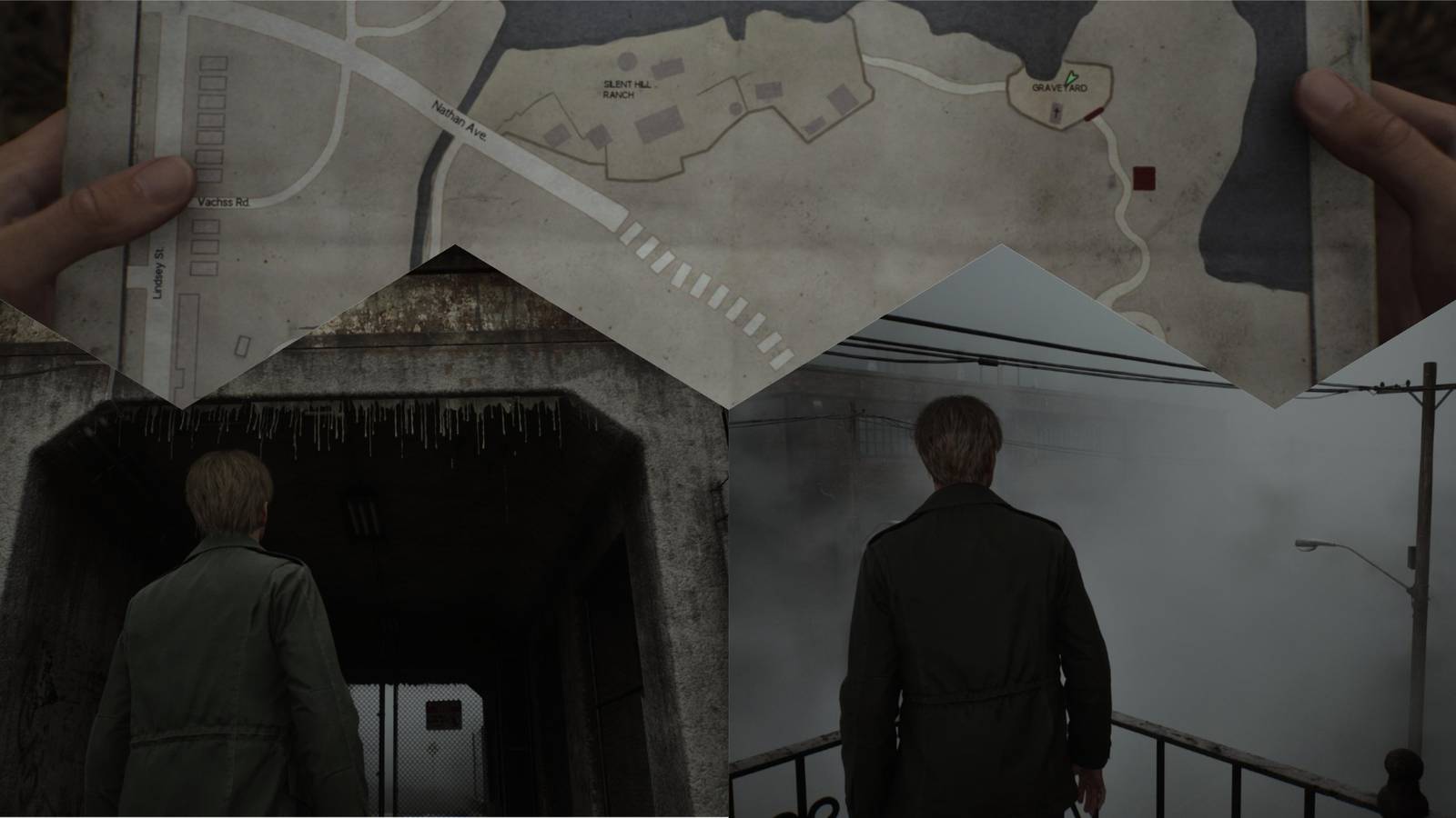 3 Way Split Of SIlent Hill Map, James Facing Tunnel, James Overlooking Town
