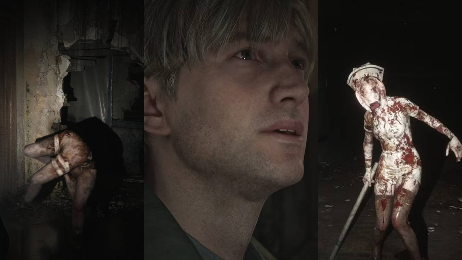 3 Way Split Image Of Mannequin, James Sunderland, Bubblehead Nurse