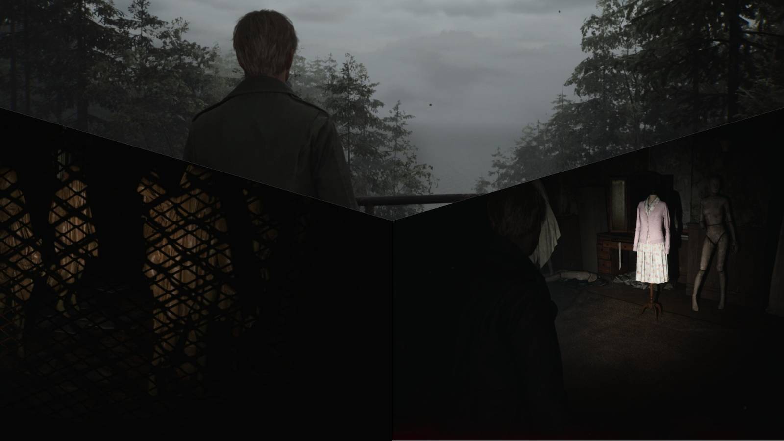 3 Way Silent Hill, James At Toluca Lake Overlook, Vieled Figures Behind Fence, Marys Clothes
