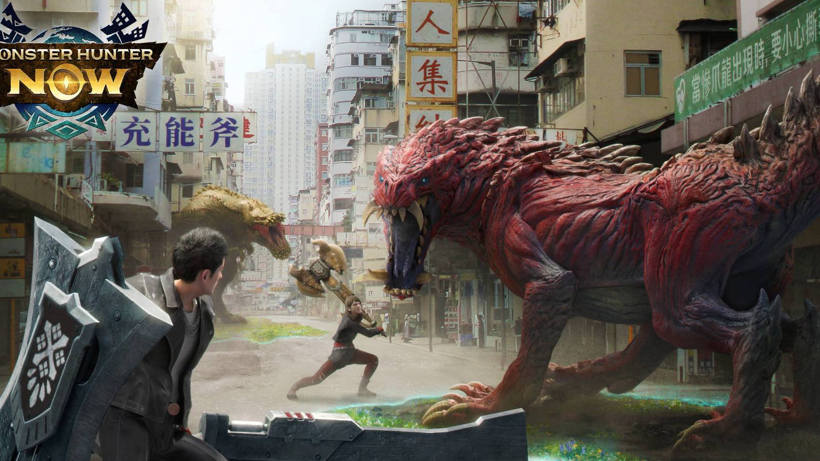 Monster Hunter Now Charge Blade build: two hunters facing off an Odogaron in Japan as a Deviljho turns the corner of the street.