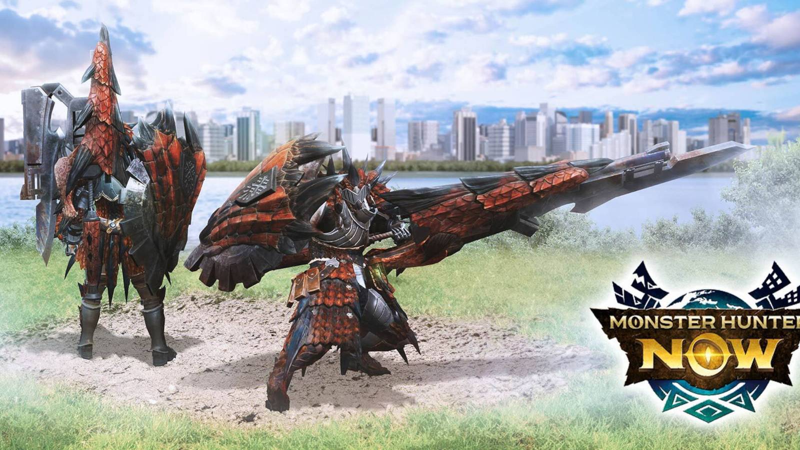 Two Monster Hunter Now Gunlance hunters showing off their build outside of a city.