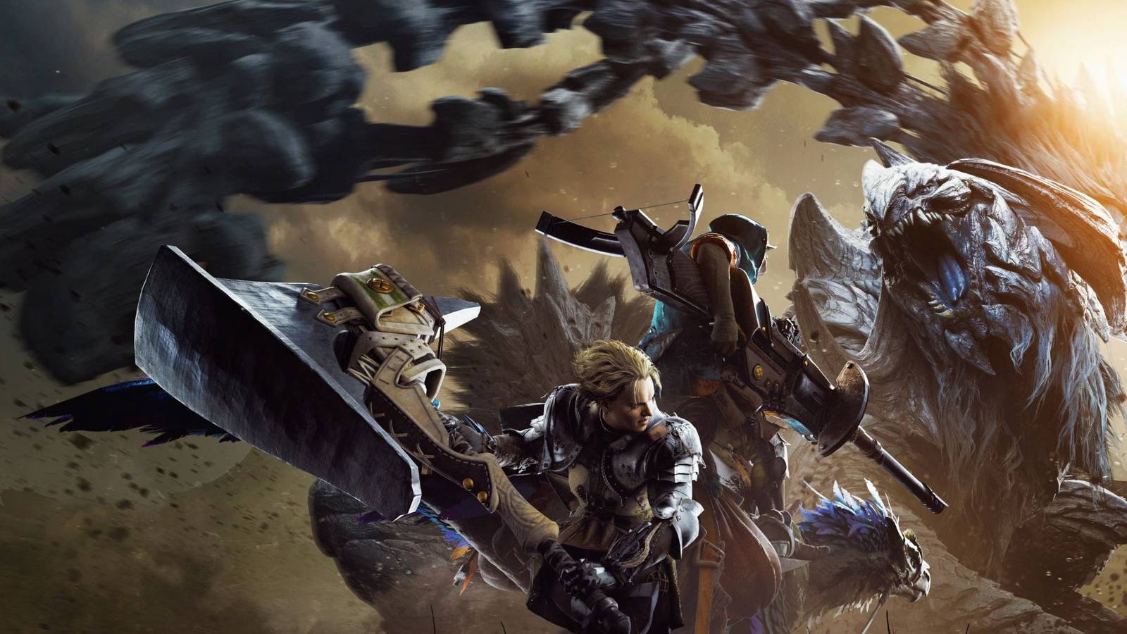 Two characters fight a new monster revealed in Monster Hunter Wilds.