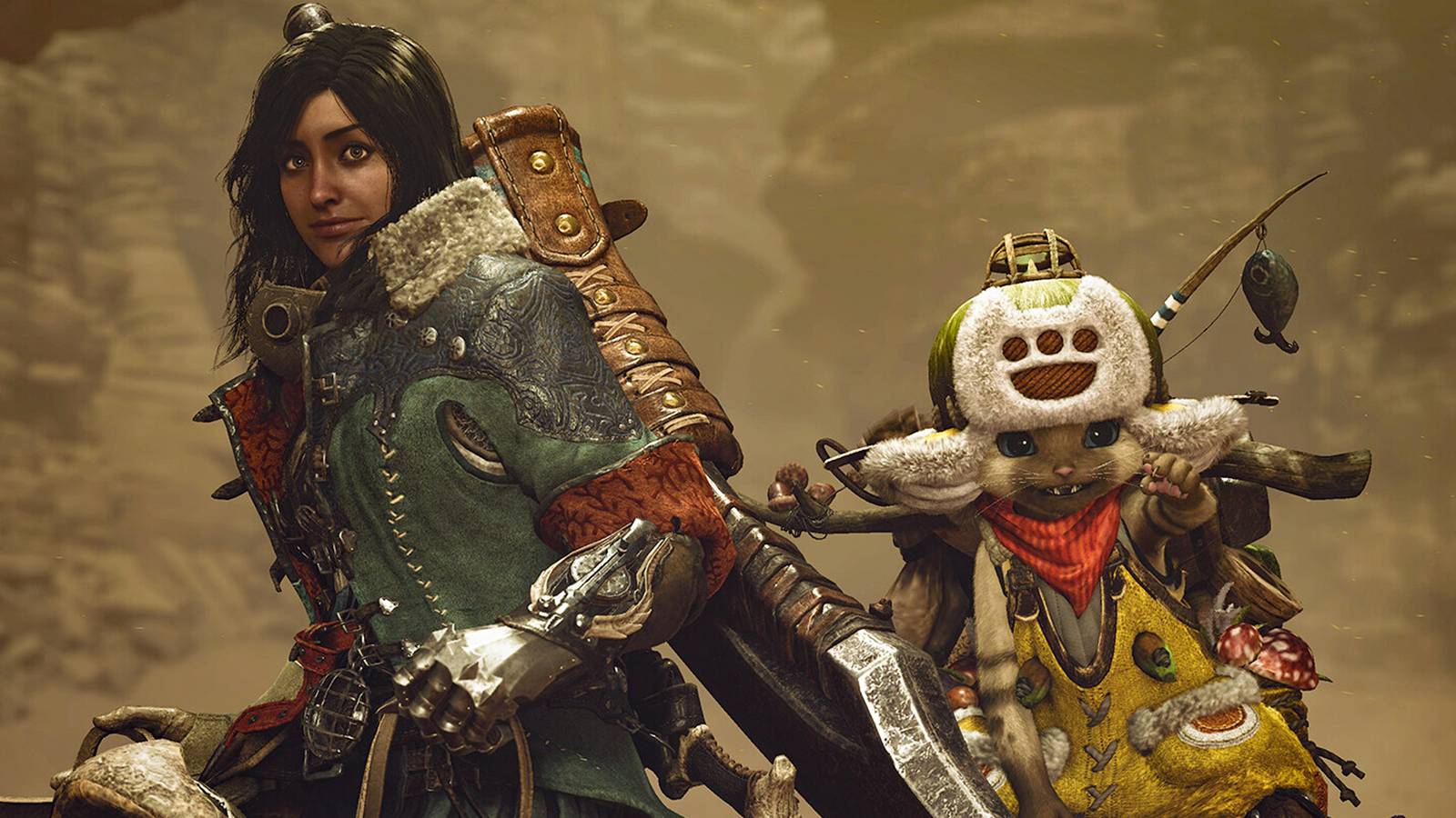 Monster Hunter Wilds Palico smiling promo screenshot dehazed