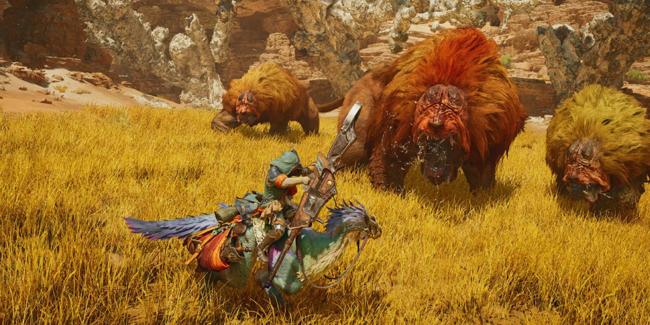 A hunter on a Seikret readying a bowgun in Monster Hunter Wilds