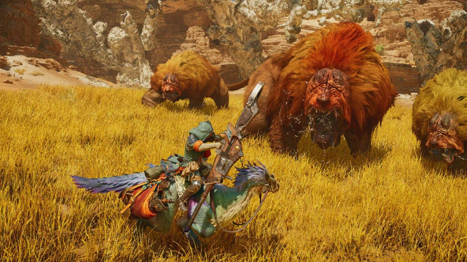 A hunter on a Seikret readying a bowgun in Monster Hunter Wilds