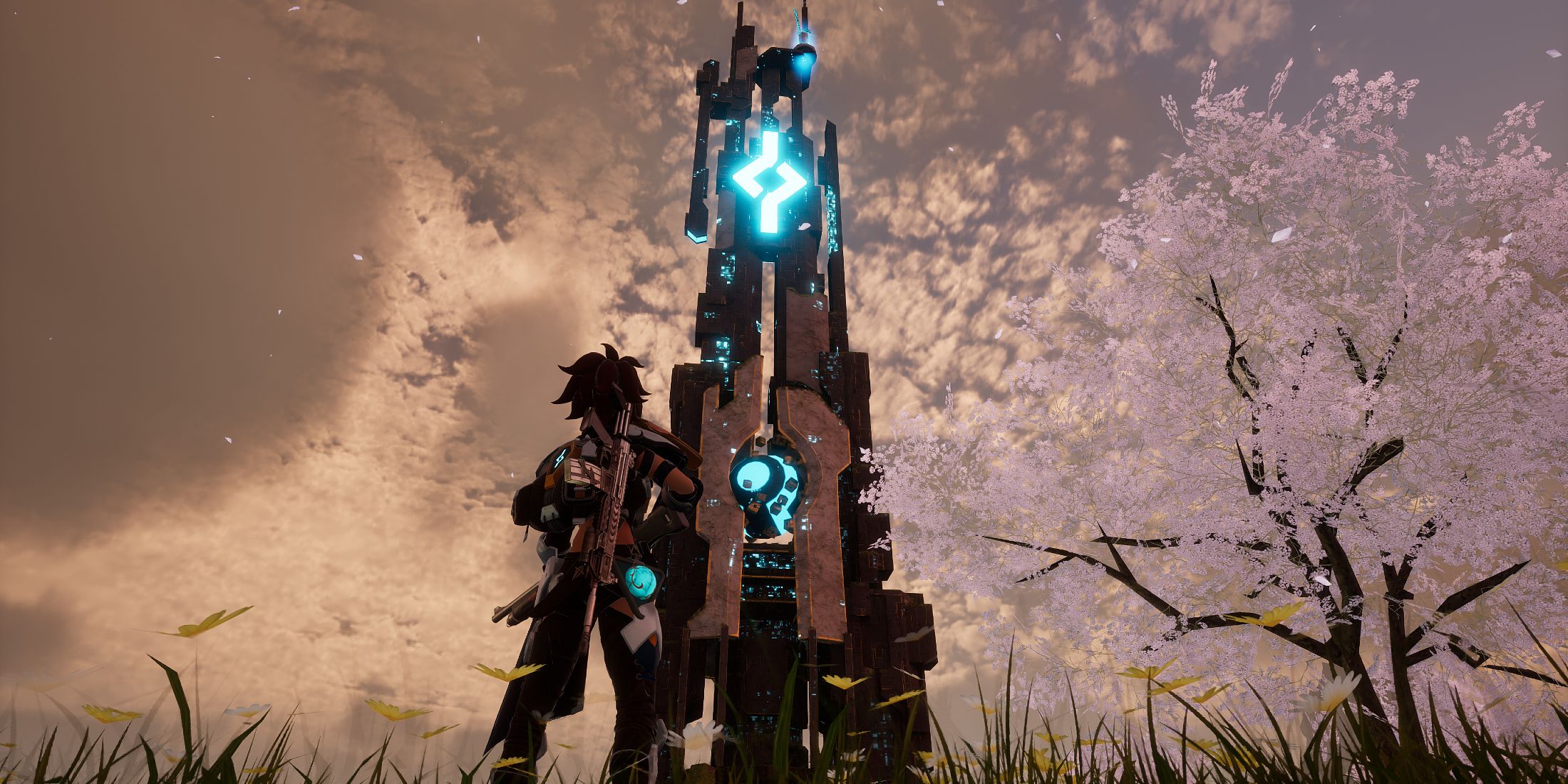 Screenshot showcasing the Moonflower Tower in Palworld 